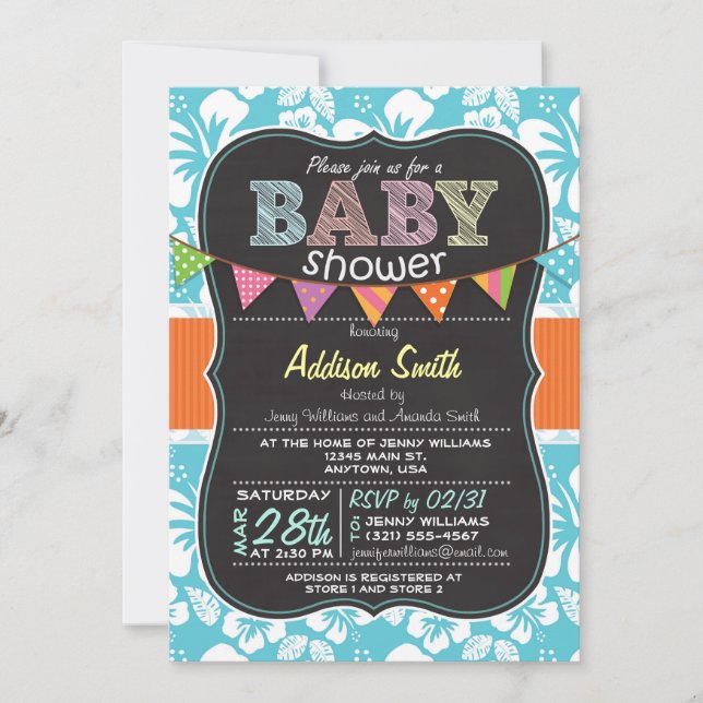 Invitación Baby Shower Tropical Hibiscus Flower Chalkboard (Anverso)