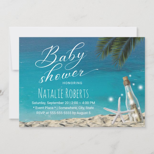 Invitación Baby Shower Tropical Starfish Beach Botella (Anverso)