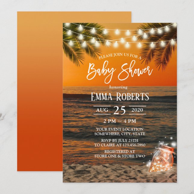 Invitación Baby Shower Tropical Sunset Beach Glow Mason Jar (Anverso / Reverso)