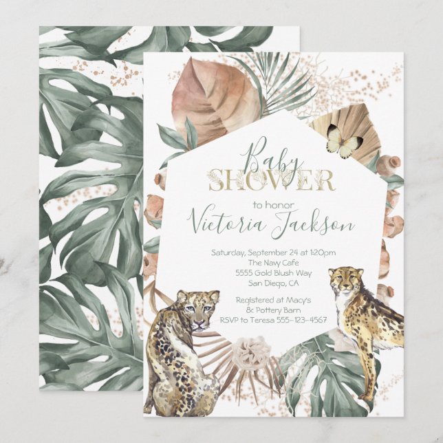 Invitación Baby Shower Tropical Wild Animal Palm Gold (Anverso / Reverso)