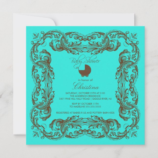 Invitación Baby Shower turquesa con marco vintage (Anverso)