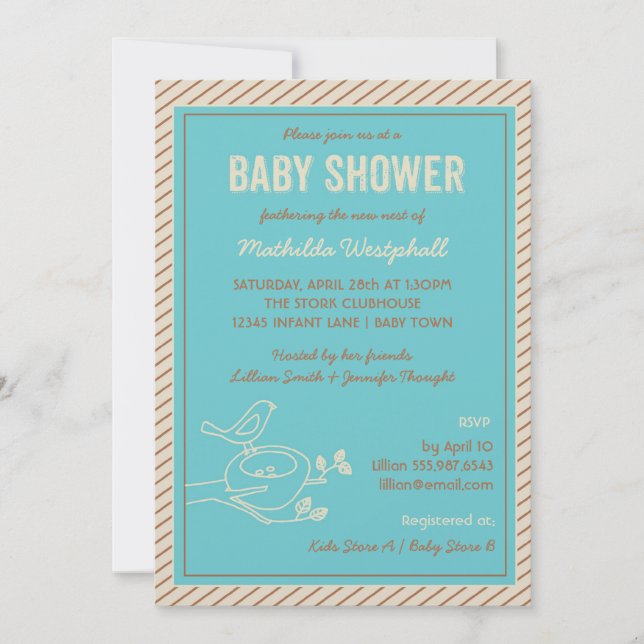Invitación Baby Shower turquesa con nido de pájaro (Anverso)