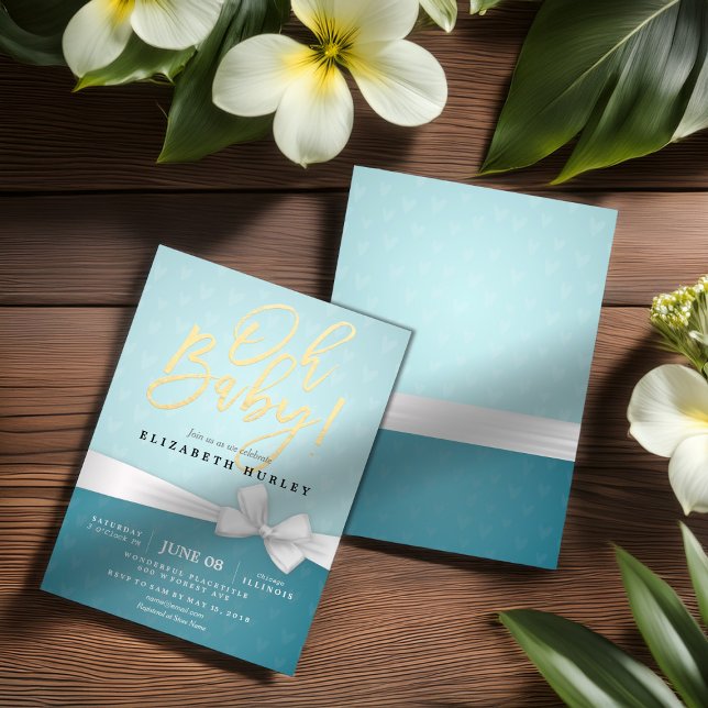 Invitación Baby Shower turquesa de cinta blanca con guión dor (Subido por el creador)