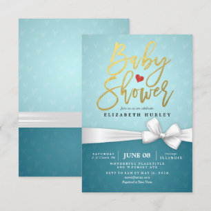 Invitación Baby Shower turquesa de cinta blanca con guión dor