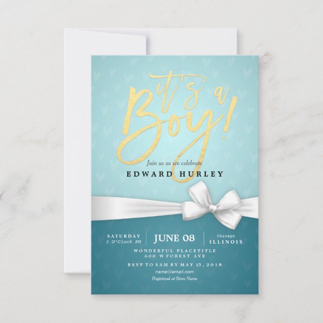 Invitación Baby Shower turquesa de cinta blanca con guión dor (Anverso)