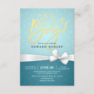 Invitación Baby Shower turquesa de cinta blanca con guión dor