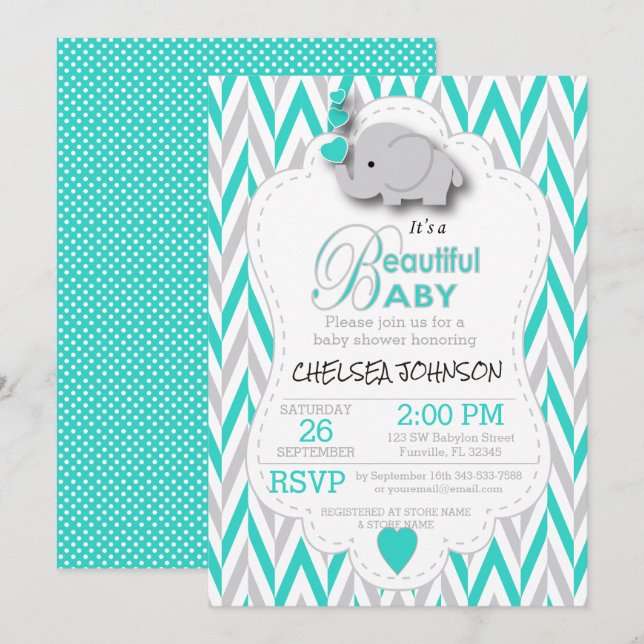 Invitación Baby Shower turquesa, elefante blanco y gris (Anverso / Reverso)