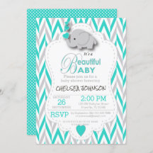 Baby Shower turquesa, elefante blanco y gris