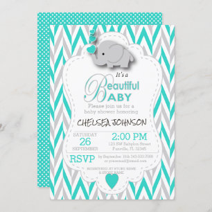 Invitación Baby Shower turquesa, elefante blanco y gris