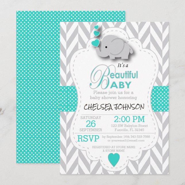 Invitación Baby Shower turquesa, elefante gris blanco (Anverso / Reverso)