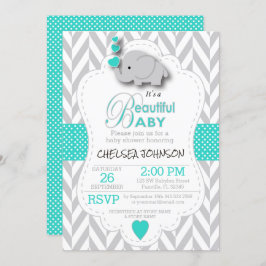 Invitación Baby Shower turquesa, elefante gris blanco
