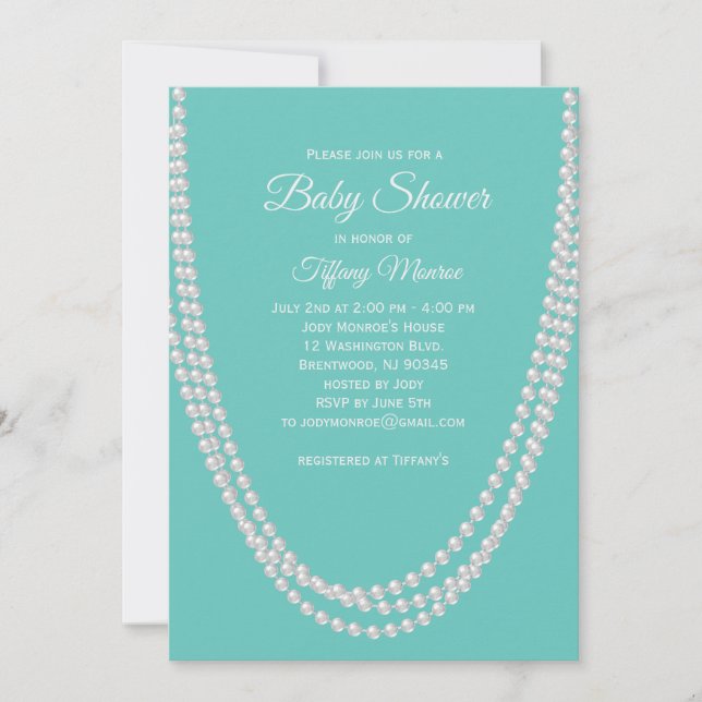 Invitación Baby Shower turquesa y perlas invita al blanco (Anverso)