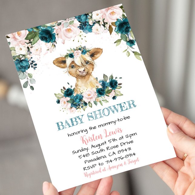 Invitación Baby Shower Turquesa y Rosa Floral Highland Cow (Subido por el creador)