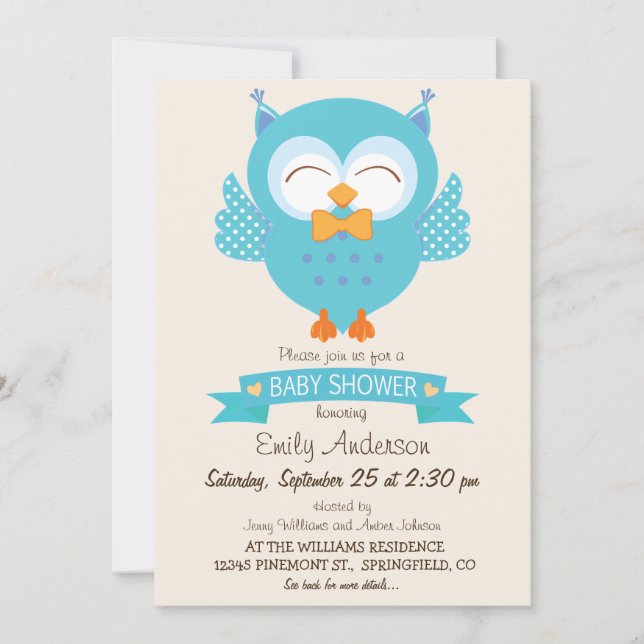 Invitación Baby Shower Turquoise Blue & Purple Boy Owl (Anverso)
