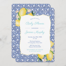 Invitación Baby Shower Turquoise Classic Blue Tiles Lemons
