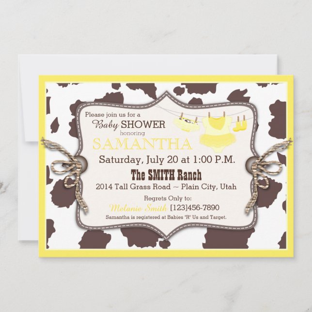 Invitación Baby Shower Tutu, chica de vaca amarilla (Anverso)