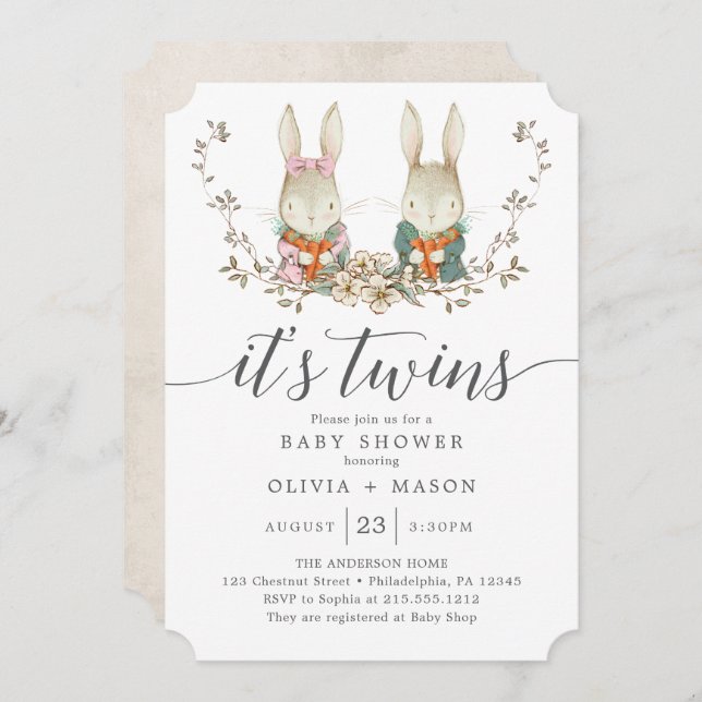 Invitación Baby Shower Twin Botánico de Conejo Vintage (Anverso / Reverso)