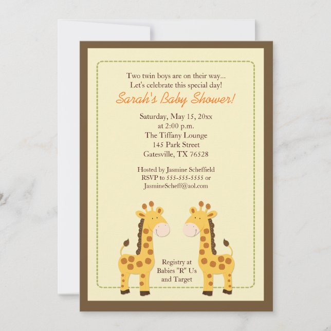Invitación Baby Shower Twin Boys Giraffe 5x7 (Anverso)