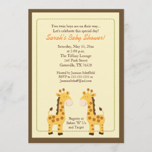 Invitación Baby Shower Twin Boys Giraffe 5x7