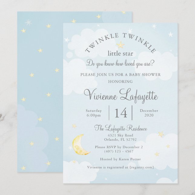 Invitación Baby Shower Twinkle Little Star and Moon Sky (Anverso / Reverso)