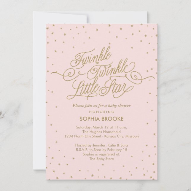Invitación Baby Shower Twinkle Little Star Fancy Gold y Pink (Anverso)