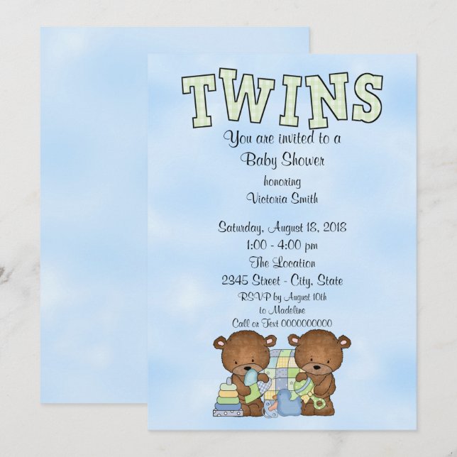 Invitación Baby Shower Twys Boys Teddy Bear (Anverso / Reverso)