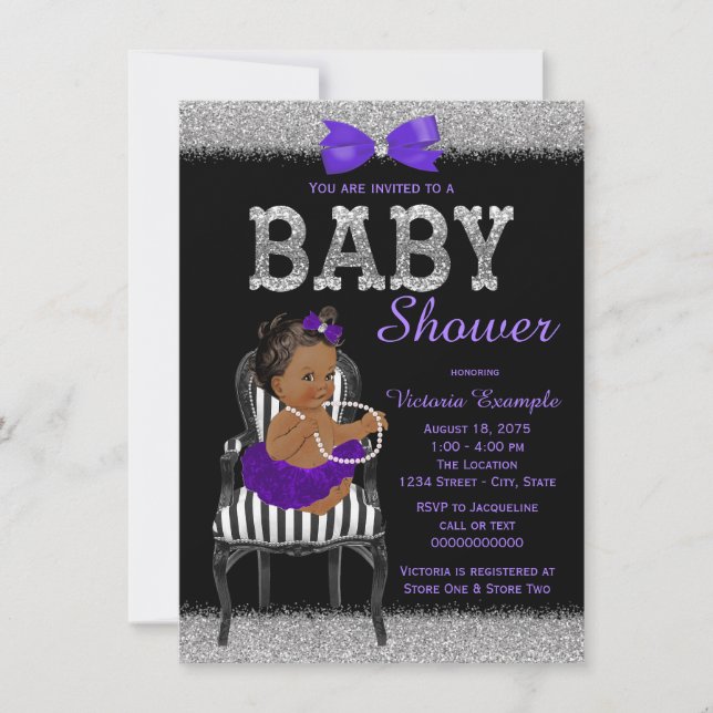 Invitación Baby Shower, un Chica étnico morado negro y platea (Anverso)