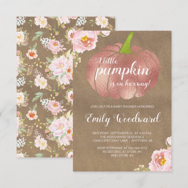 Invitación Baby Shower, un Chica floral rosa de calabaza rusa (Anverso / Reverso)