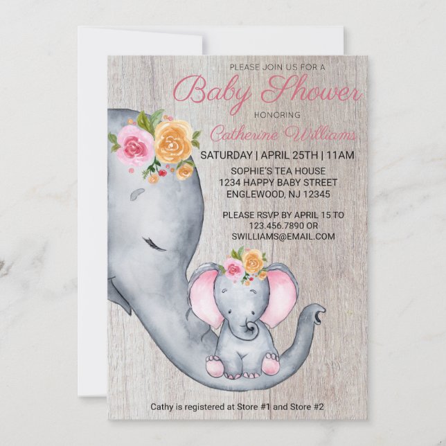 Invitación Baby Shower, un Chica floral rosa de elefante ruso (Anverso)