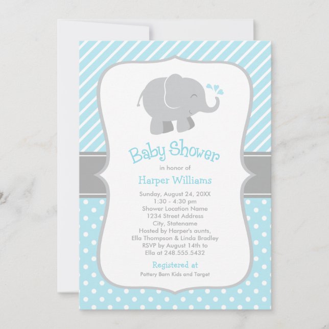 Invitación Baby Shower, un elefante azul cielo moderno y gris (Anverso)