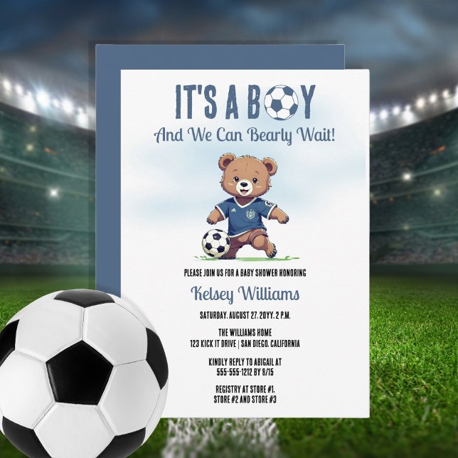 Invitación Baby Shower, un jugador de fútbol que espera a un  (Cute Blue "It's A Boy and We Can Bearly Wait!" Teddy Bear Soccer Player Boy Baby Shower Invitation)
