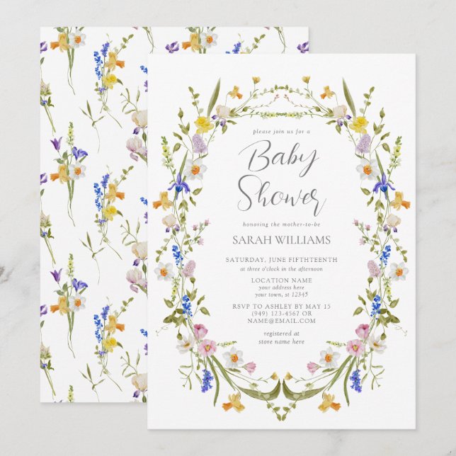 Invitación Baby Shower, un pequeño Chica de flores silvestres (Anverso / Reverso)