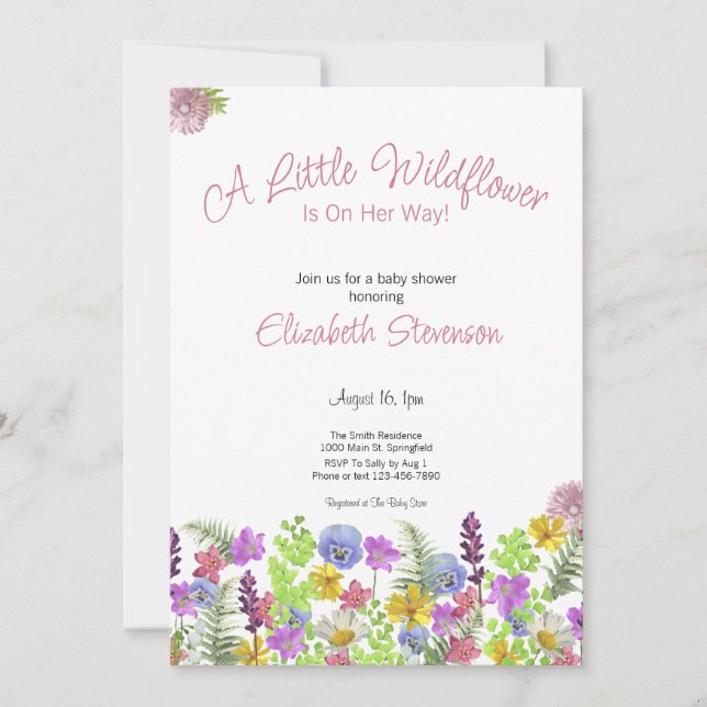 Invitación Baby Shower, un pequeño Chica de flores silvestres (Anverso)