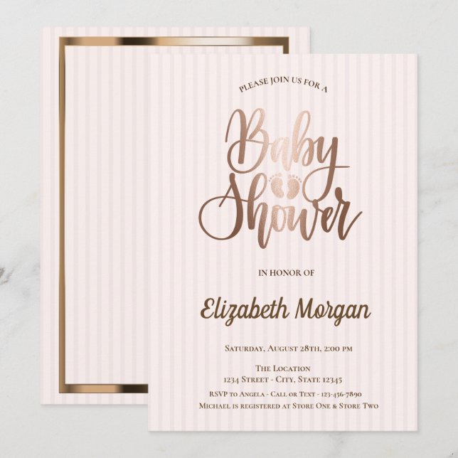 Invitación Baby Shower único con bandas de oro Rosa (Anverso / Reverso)