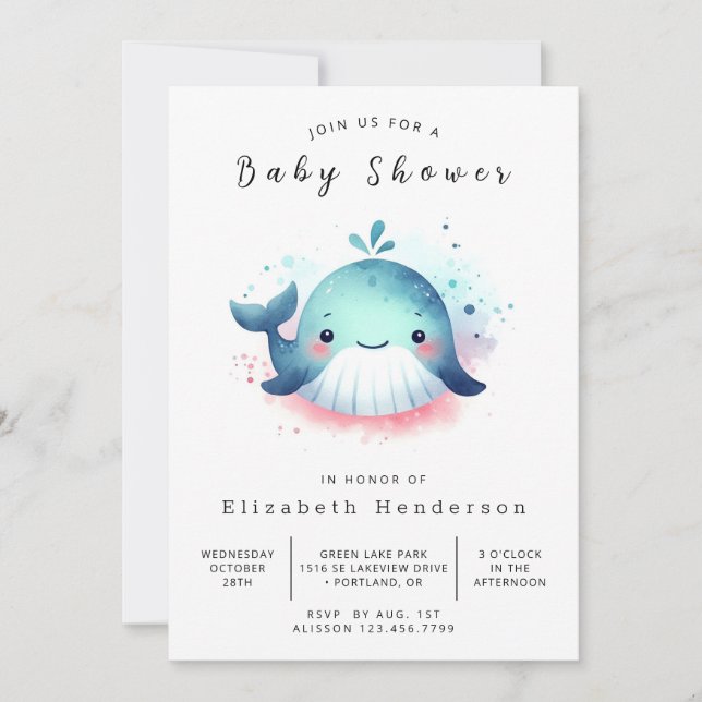 Invitación Baby Shower único de ballena digital (Anverso)
