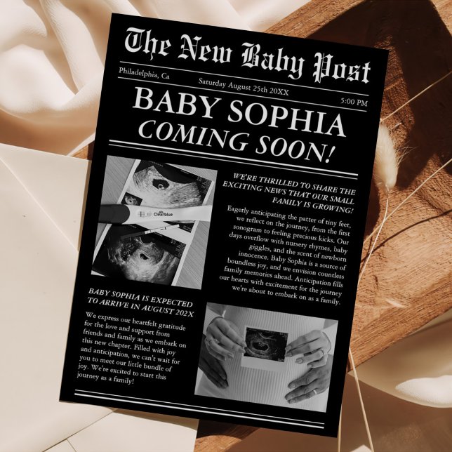 Invitación Baby Shower único fotográfico de periódico (Subido por el creador)