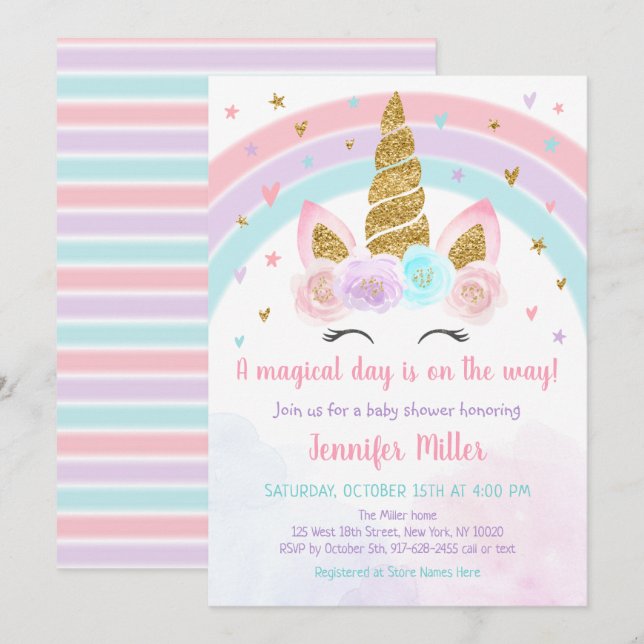 Invitación Baby Shower Unicorn Rainbow Pastel (Anverso / Reverso)