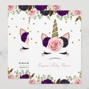 Invitación Baby Shower Unicornio Destello Dorado Flores Oscur