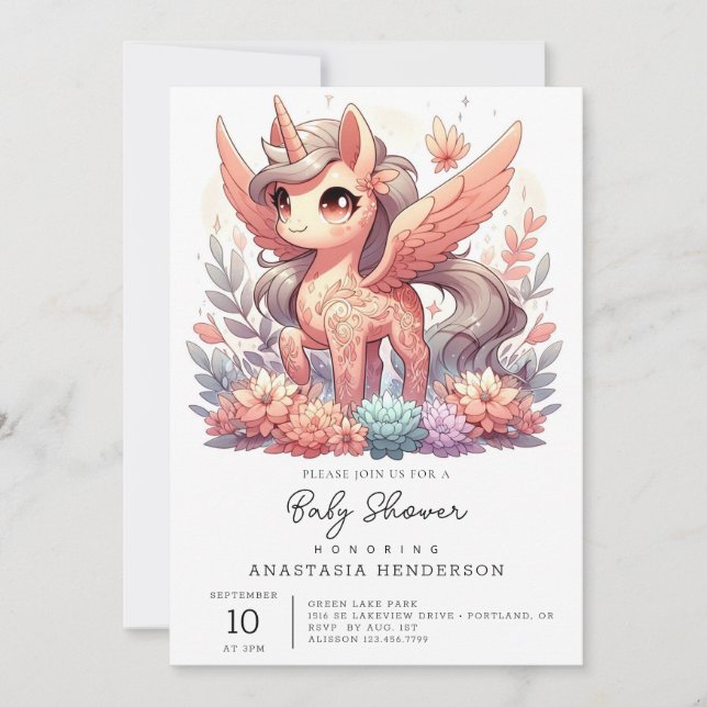 Invitación Baby Shower unicornio encantado (Anverso)