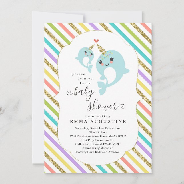Invitación Baby Shower Unisex con temas de Narwhal personaliz (Anverso)