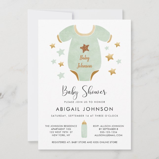 Invitación Baby Shower Unisex Green Gold Retro (Anverso)