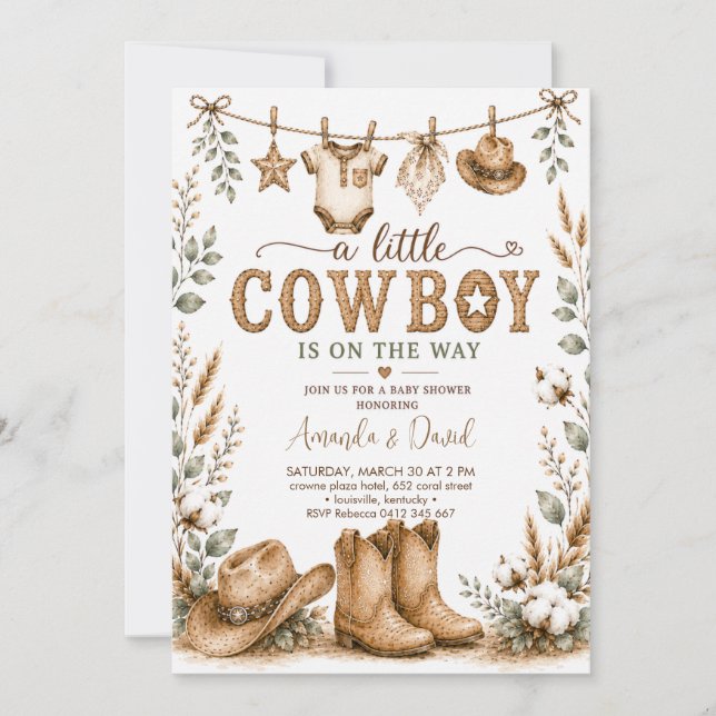 Invitación Baby Shower Vaquero Rústico (Anverso)