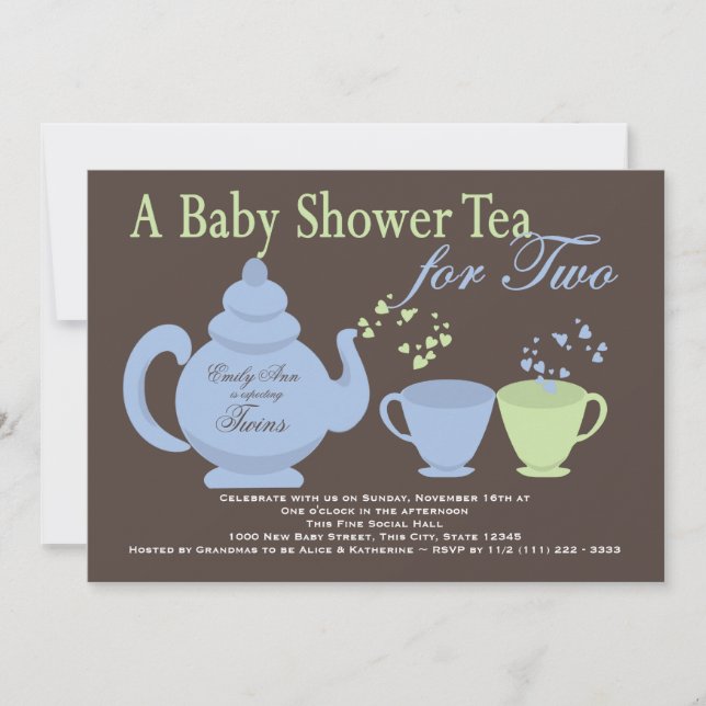 Invitación Baby Shower verde azul del Fiesta del té gemelo (Anverso)