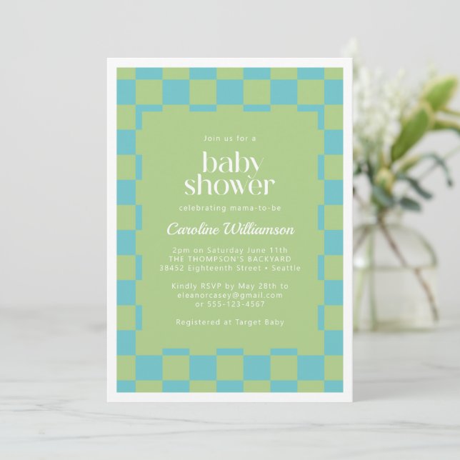 Invitación Baby Shower verde azul en tablero de ajedrez (Anverso de pie)