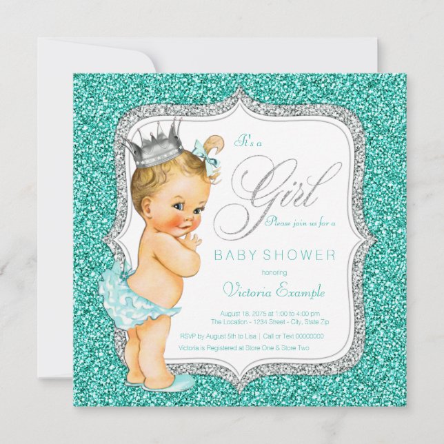 Invitación Baby Shower verde azulado azul y plateado (Anverso)