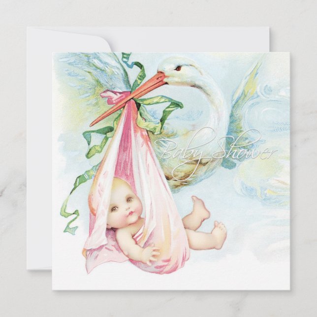 Invitación Baby Shower verde azulado azul y rosa de cigüeña (Anverso)