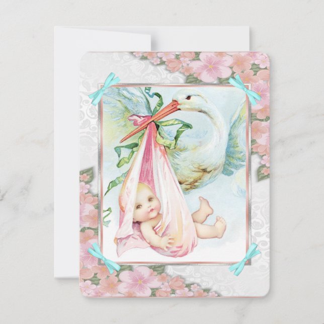 Invitación Baby Shower verde azulado azul y rosa de cigüeña (Anverso)