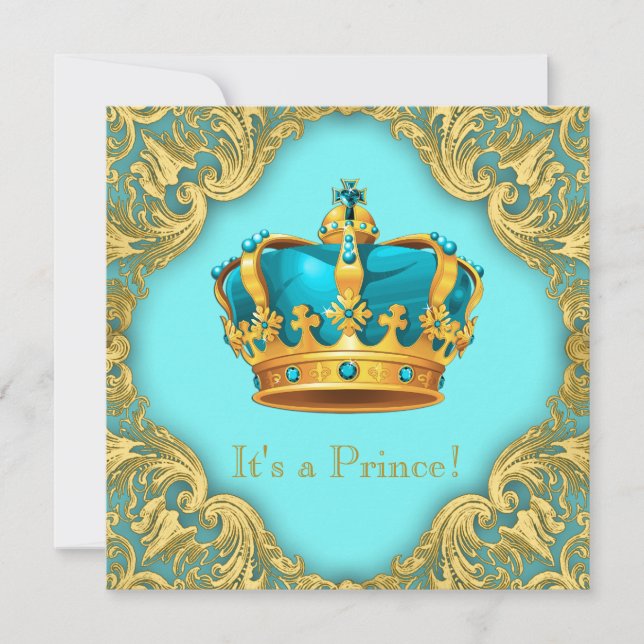 Invitación Baby Shower verde azulado Blue and Gold Prince (Anverso)