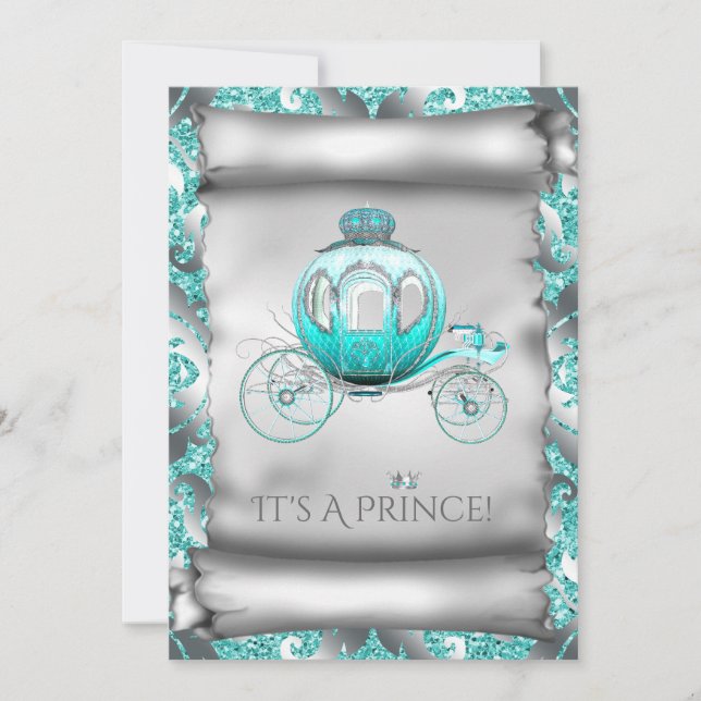 Invitación Baby Shower verde azulado Blue and Silver Prince (Anverso)