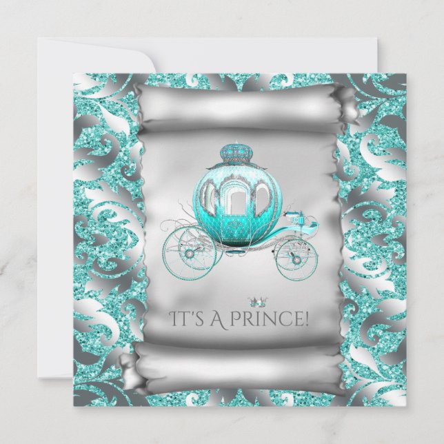 Invitación Baby Shower verde azulado Blue and Silver Prince (Anverso)